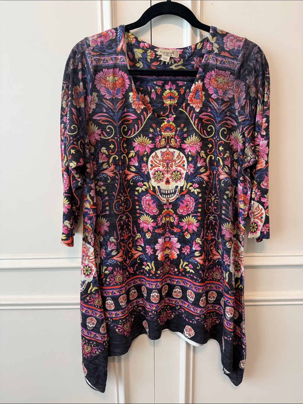 ONE WORLD Black Tunic Top with Pink, Purple & Orange Floral Sugar Skull Design